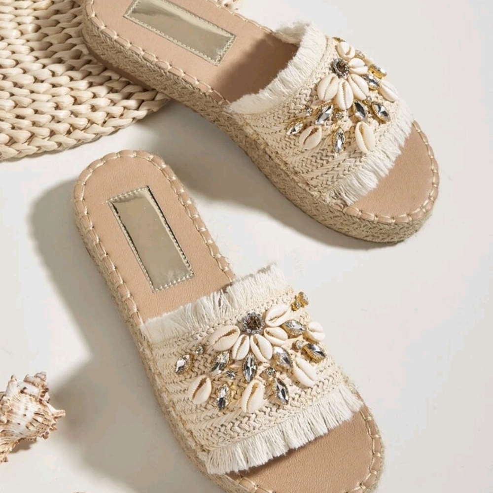 Women Rhinestone & Shell Decor Espadrille Sandals, Vacation  Outdoor Shoe
